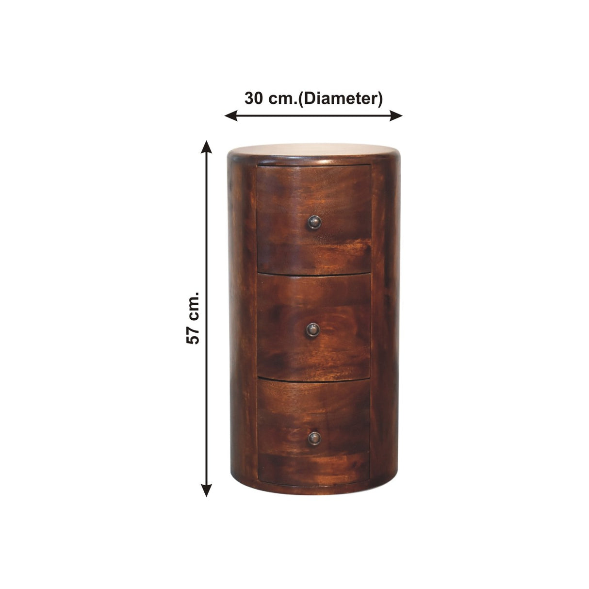 Solid Mango Wood Chest Of 3 Drawers in Drum Shape - Birmingham