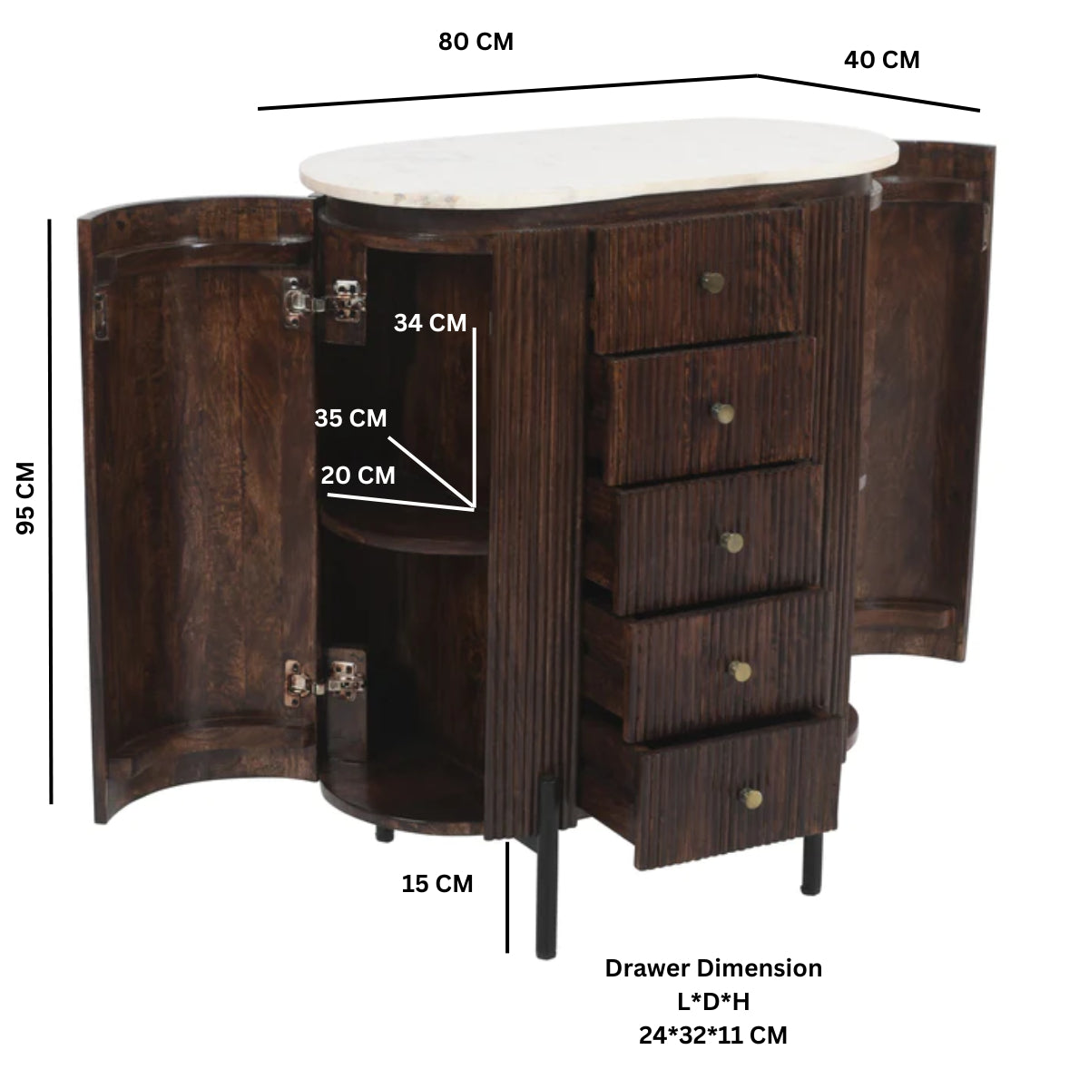 Solid Mango Wood Chest Of 5 Drawers With Marble Top - Opal