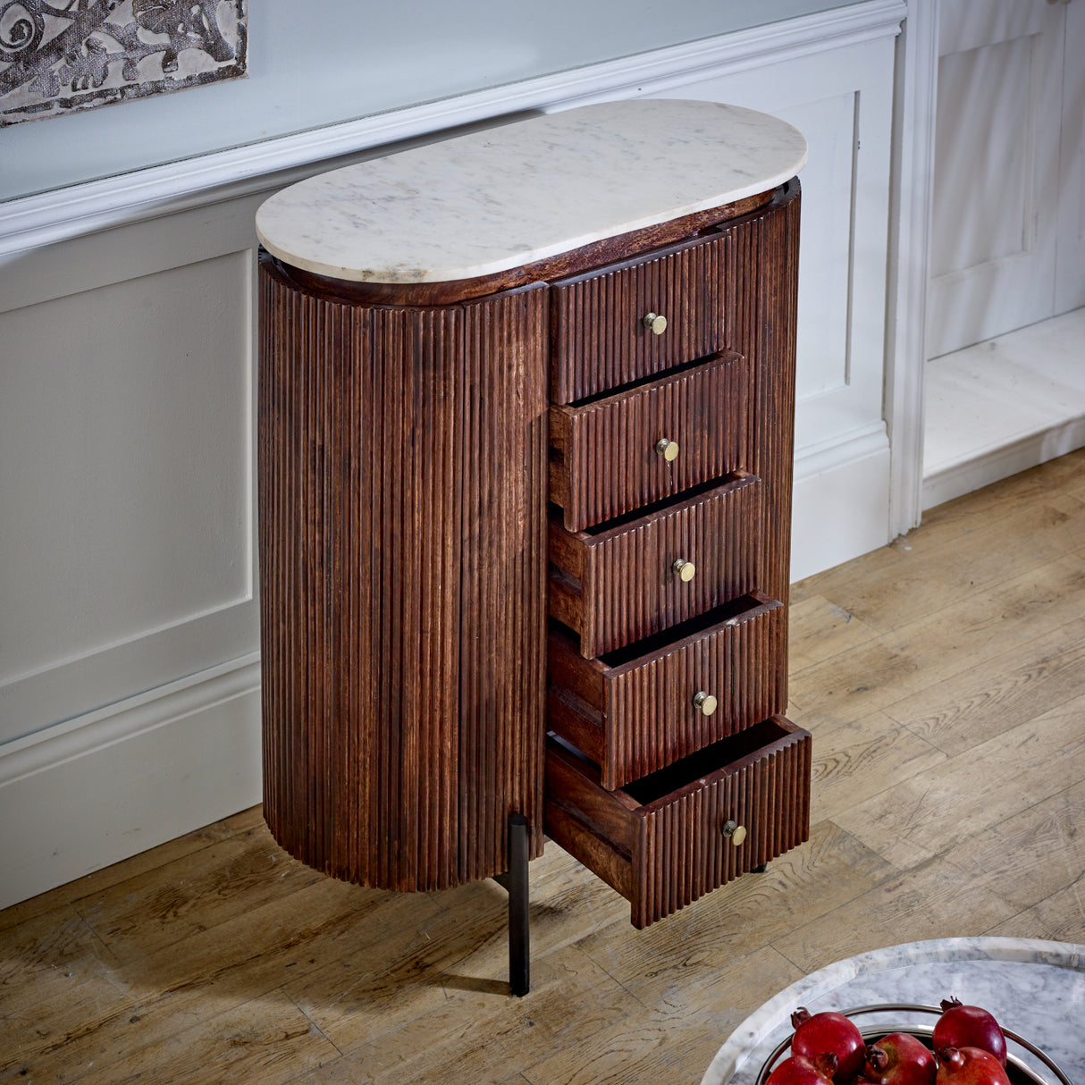 Solid Mango Wood Chest Of 5 Drawers With Marble Top - Opal