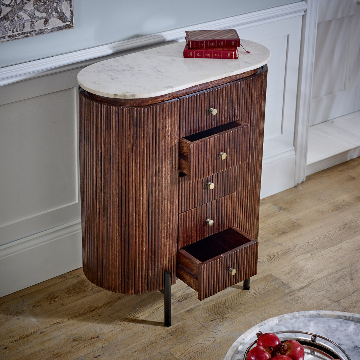 Solid Mango Wood Chest Of 5 Drawers With Marble Top - Opal