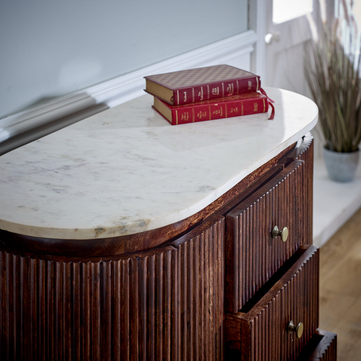 Solid Mango Wood Chest Of 5 Drawers With Marble Top - Opal