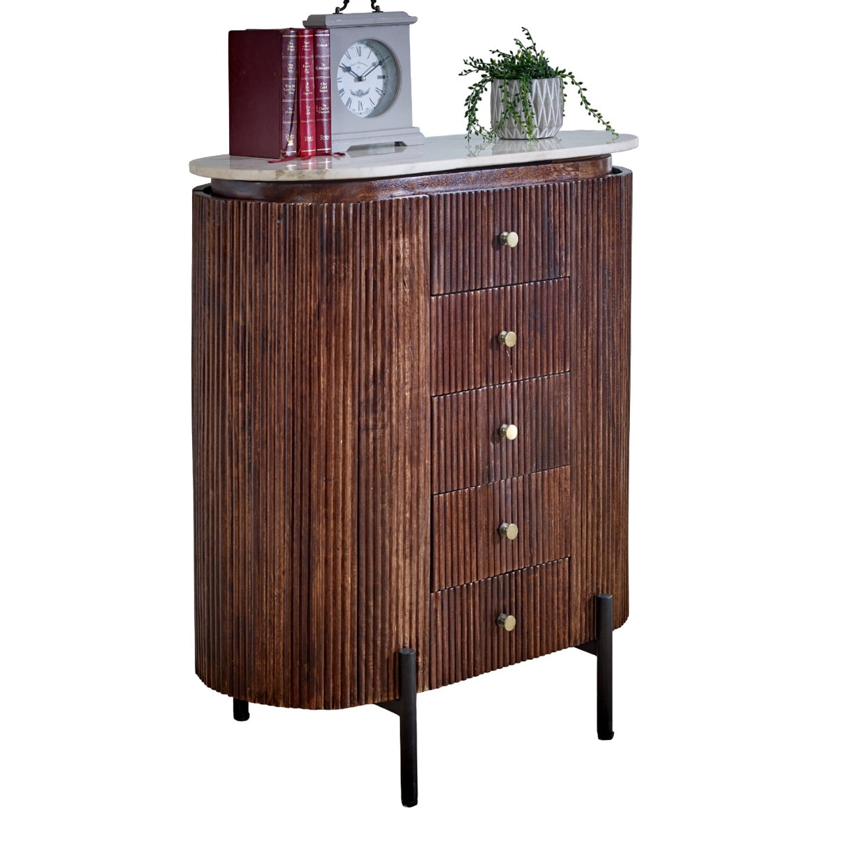 Solid Mango Wood Chest Of 5 Drawers With Marble Top - Opal