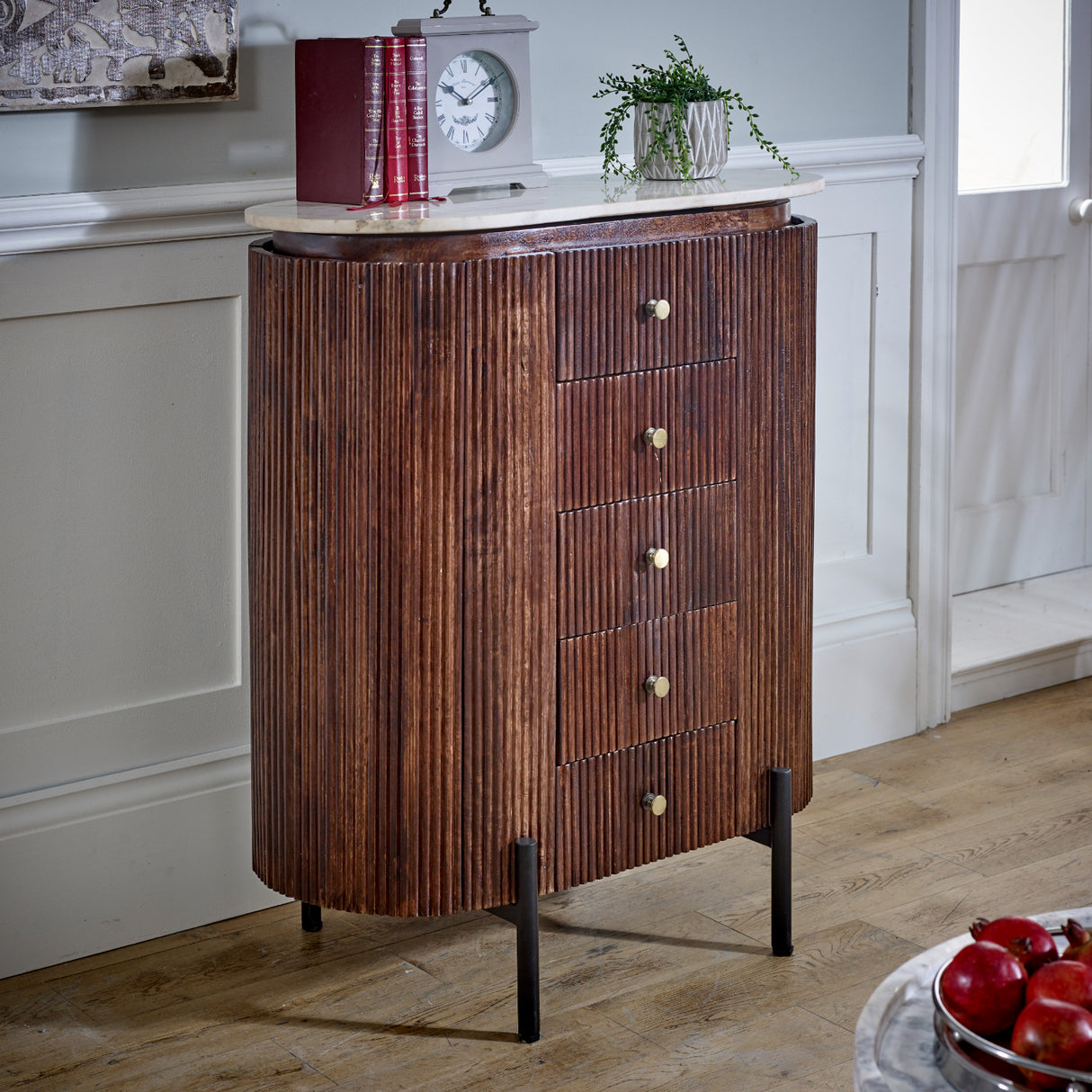 Solid Mango Wood Chest Of 5 Drawers With Marble Top - Opal