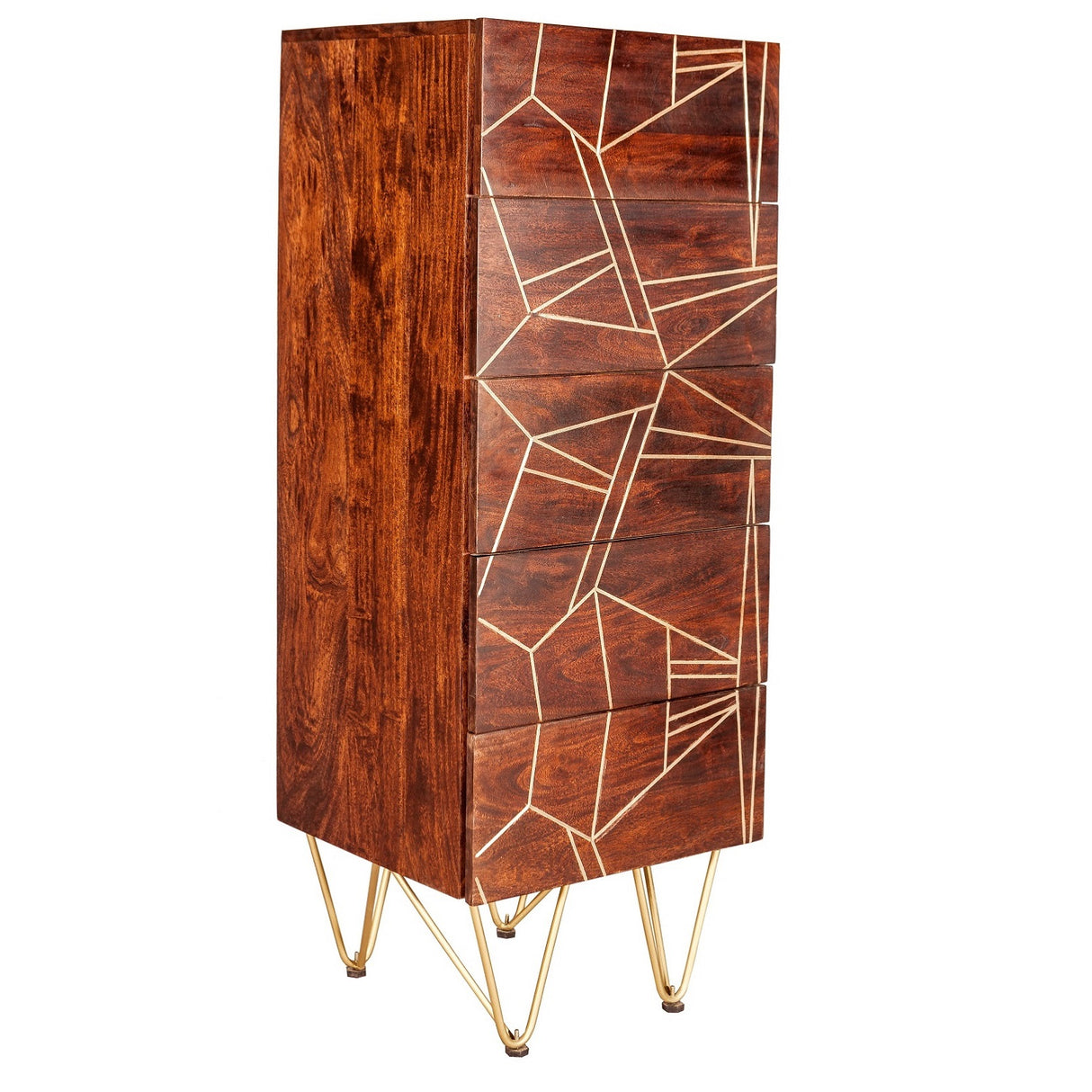 Solid Mango Wood Chest Of 5 Drawers Tall - Dark Gold