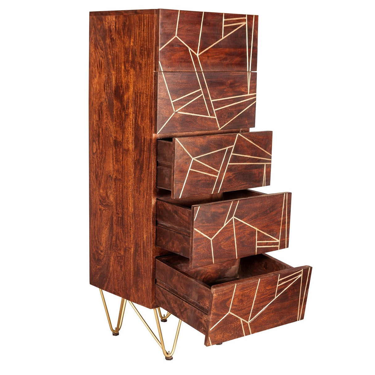 Solid Mango Wood Chest Of 5 Drawers Tall - Dark Gold