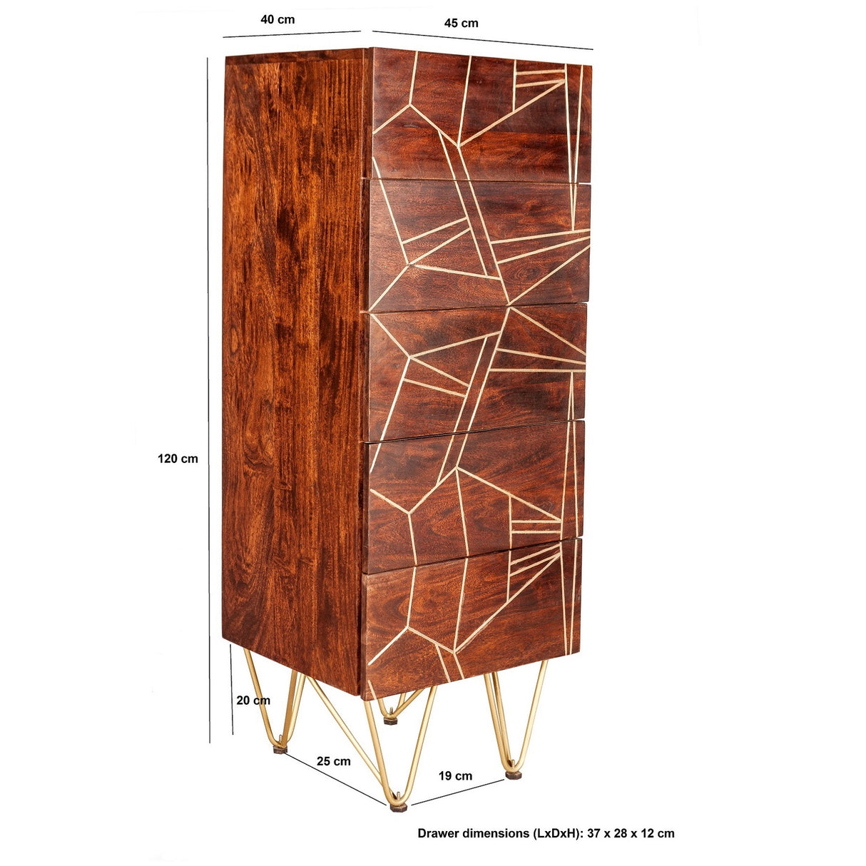 Solid Mango Wood Chest Of 5 Drawers Tall - Dark Gold