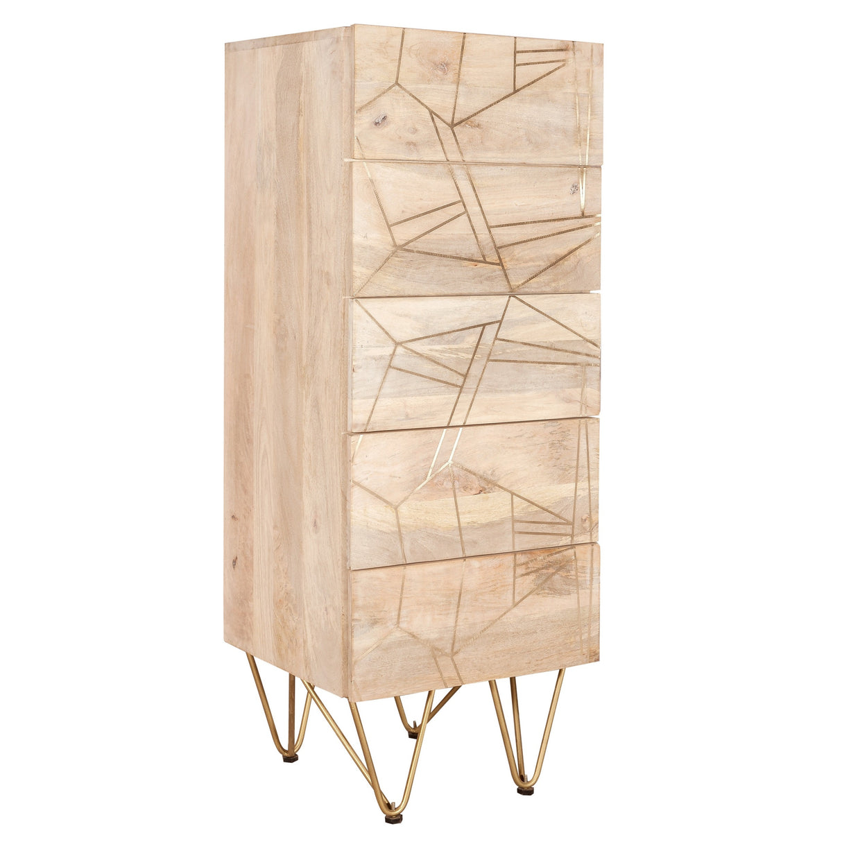 Solid Mango Wood Chest Of 5 Drawers Tall - Light Gold