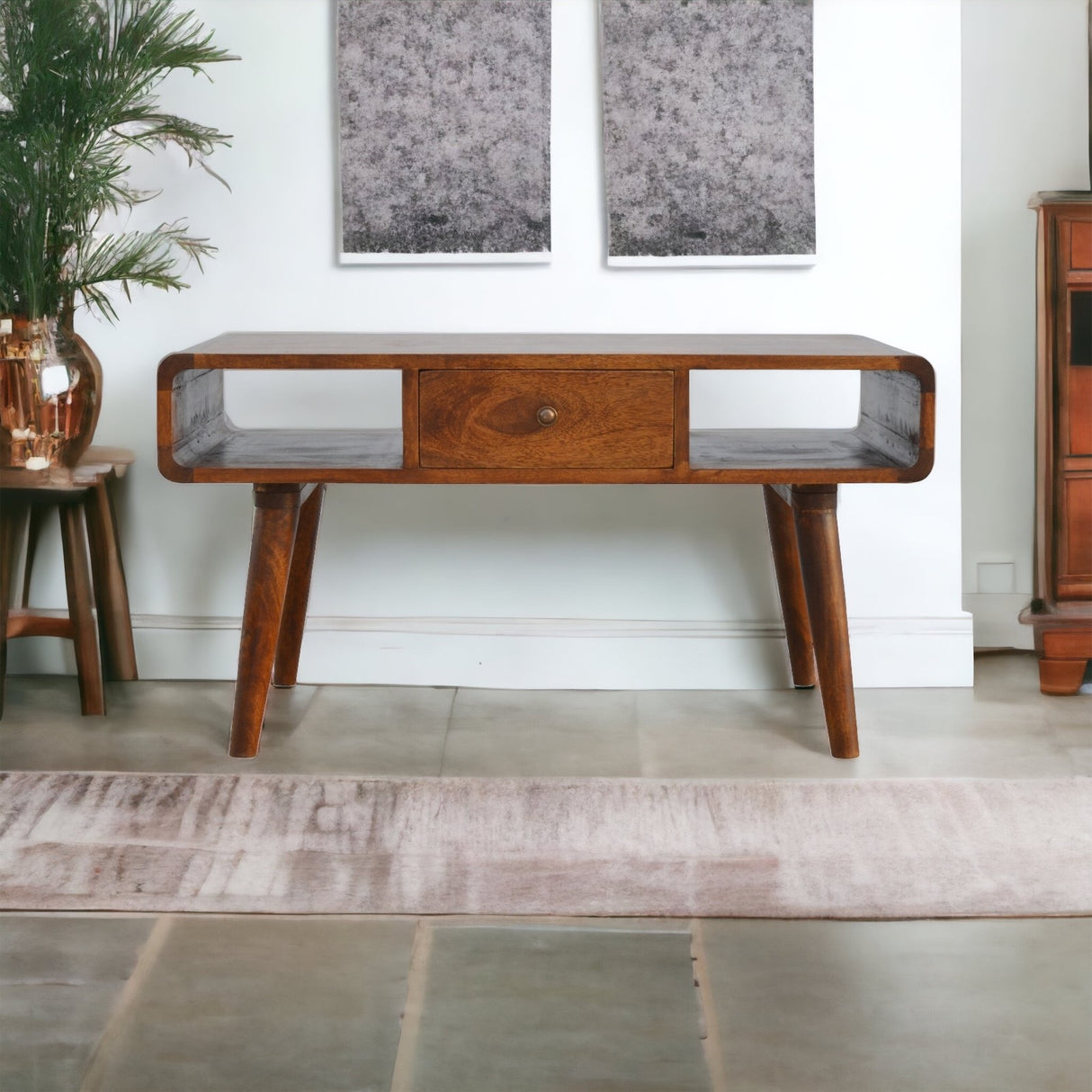 Solid Mango Wood Coffee Table Curved 1 Drawer - Gloucester