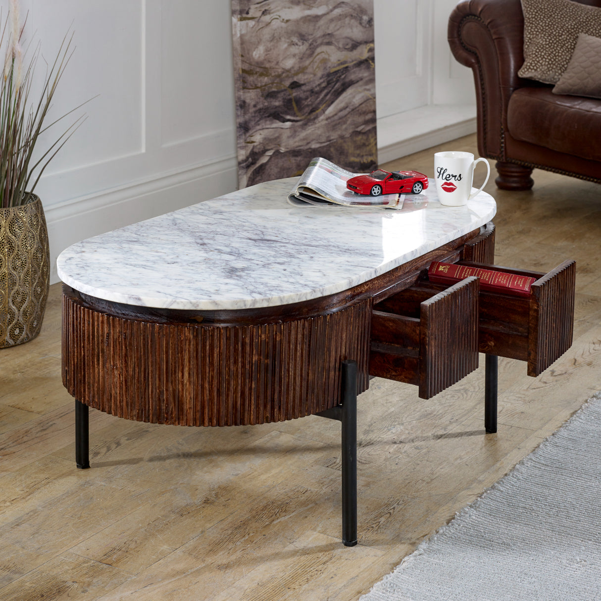 Solid Mango Wood Coffee Table Oval With Marble Top - Opal