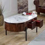 Solid Mango Wood Coffee Table Oval With Marble Top - Opal