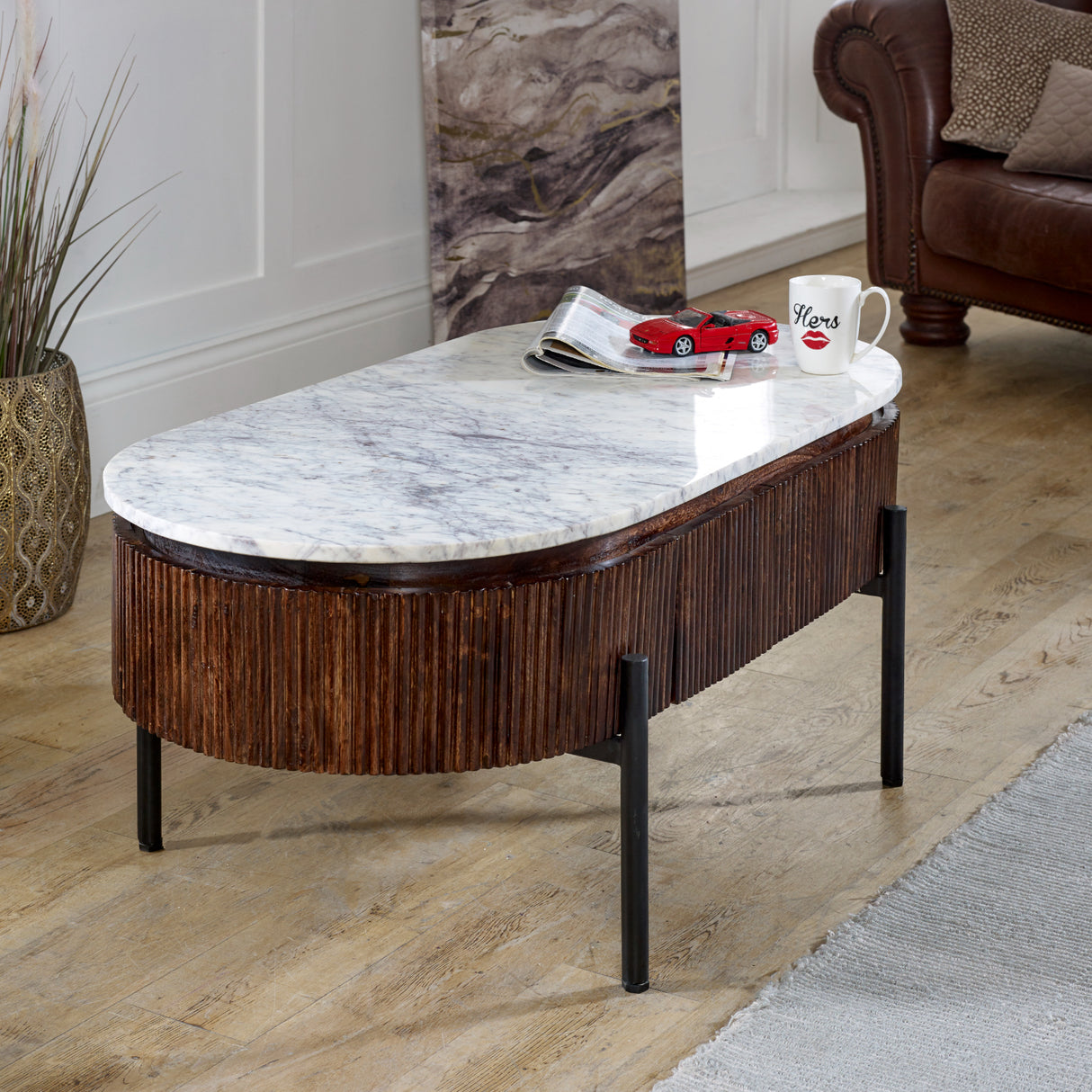 Solid Mango Wood Coffee Table Oval With Marble Top - Opal