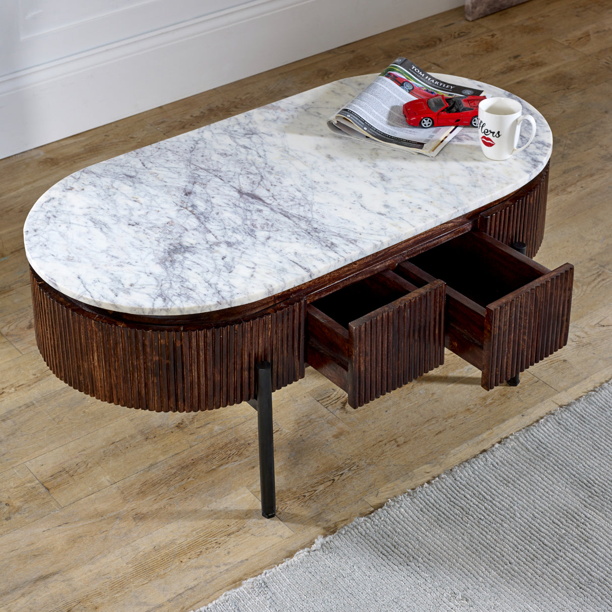Solid Mango Wood Coffee Table Oval With Marble Top - Opal