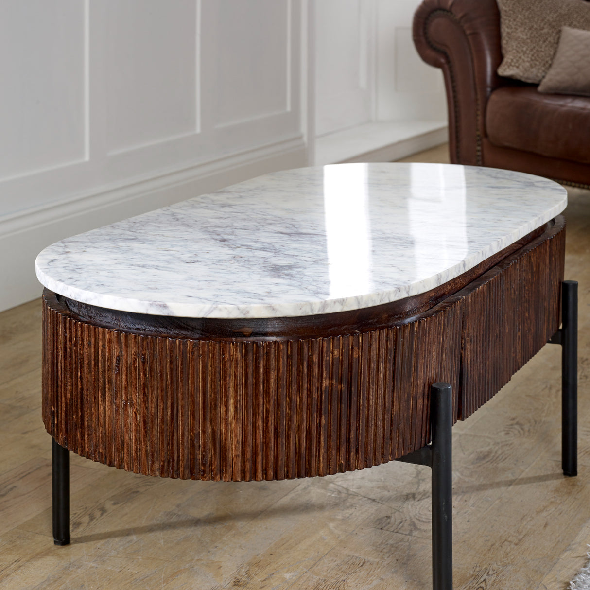 Solid Mango Wood Coffee Table Oval With Marble Top - Opal