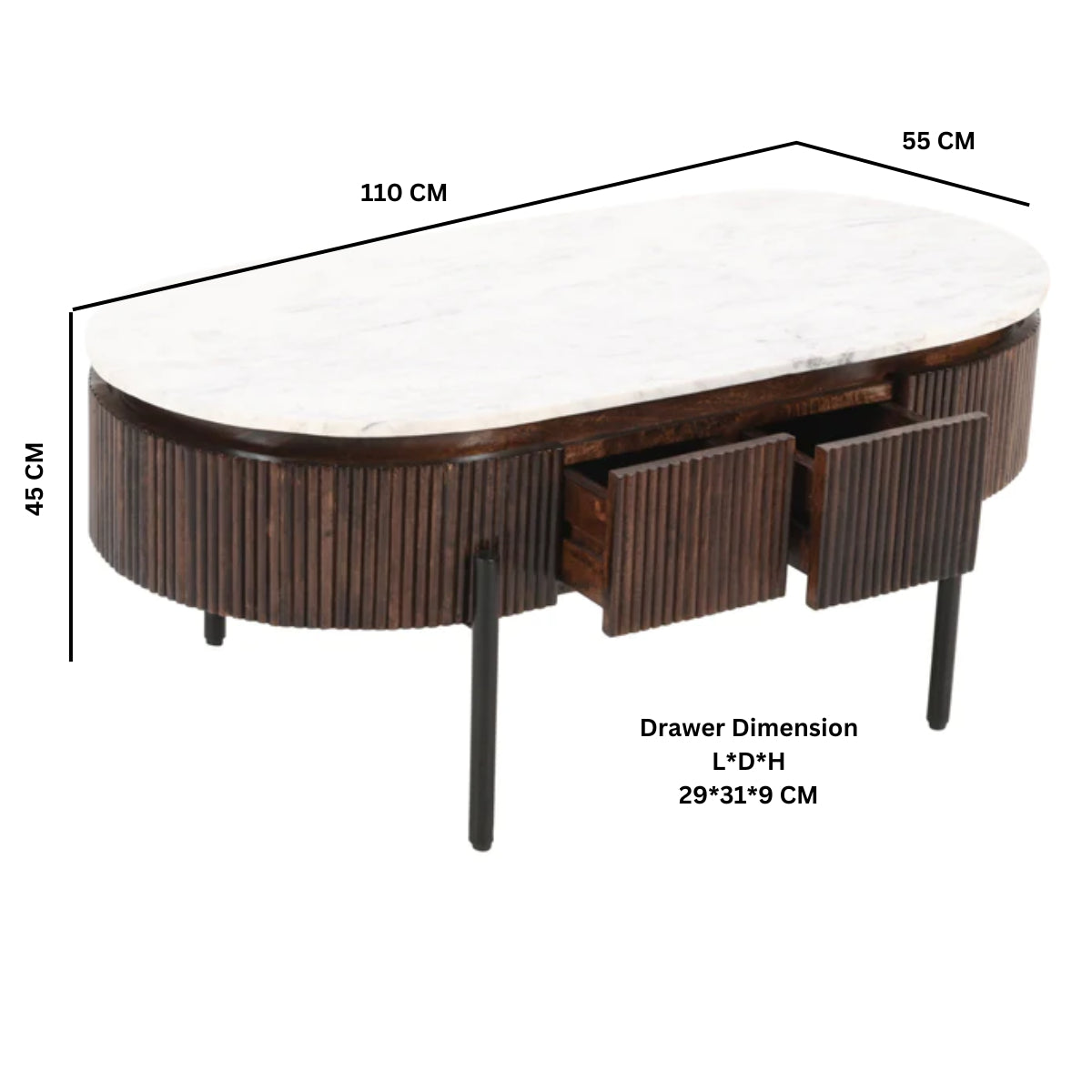 Solid Mango Wood Coffee Table Oval With Marble Top - Opal