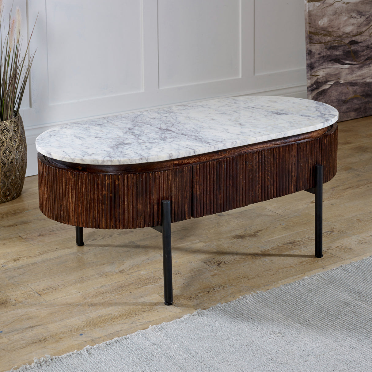 Solid Mango Wood Coffee Table Oval With Marble Top - Opal