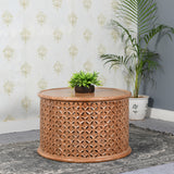 Solid Mango Wood Coffee Table Round - Artwork