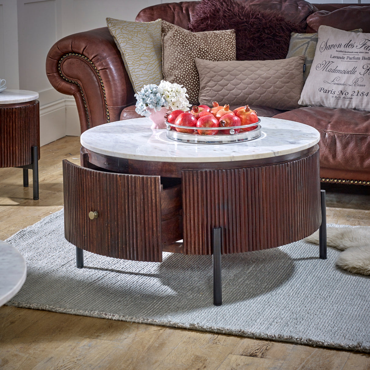Solid Mango Wood Coffee Table Round With Marble Top - Opal