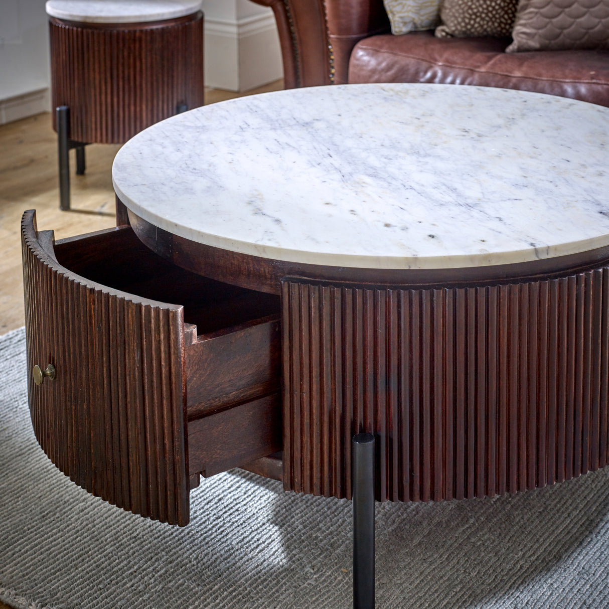 Solid Mango Wood Coffee Table Round With Marble Top - Opal