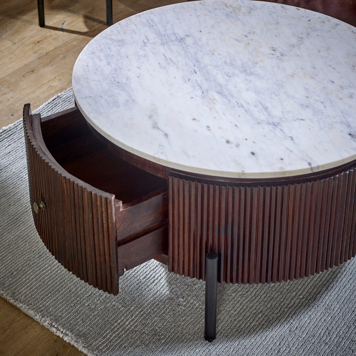 Solid Mango Wood Coffee Table Round With Marble Top - Opal