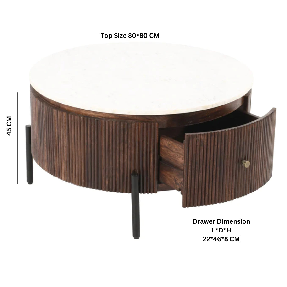 Solid Mango Wood Coffee Table Round With Marble Top - Opal