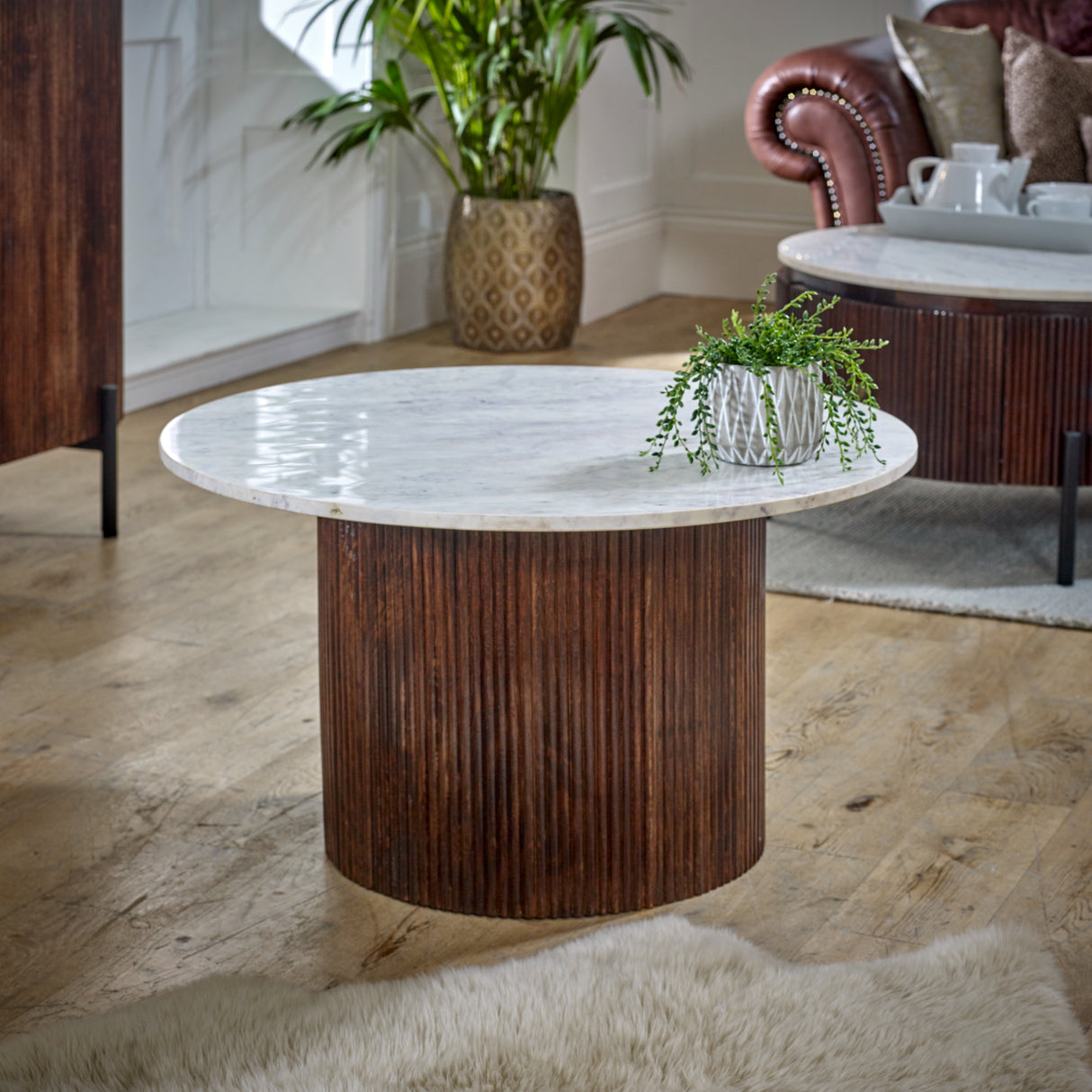 Solid Mango Wood Coffee Table Round With White Marble Top - Opal