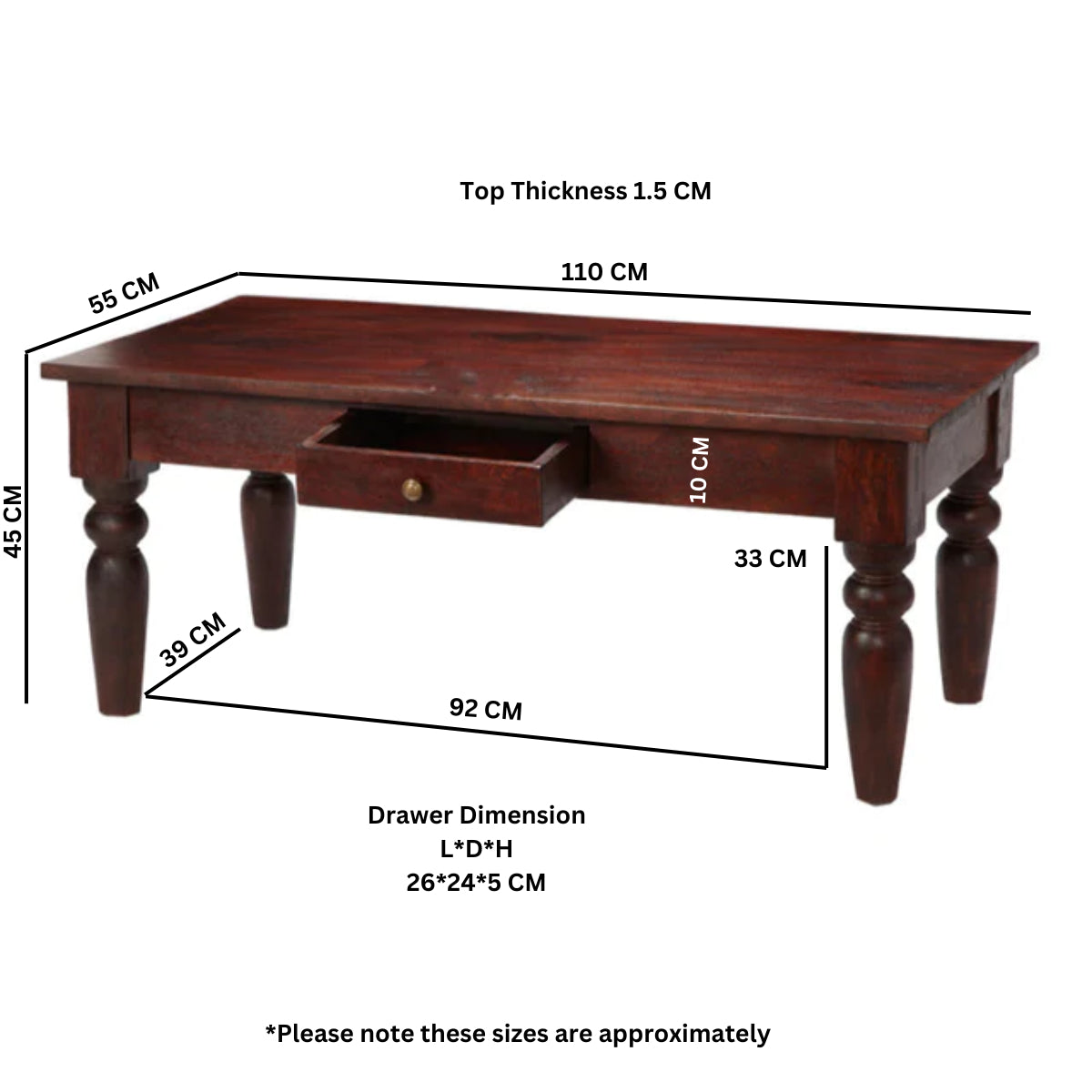 Solid Mango Wood Coffee Table With 1 Drawer - Jaipur