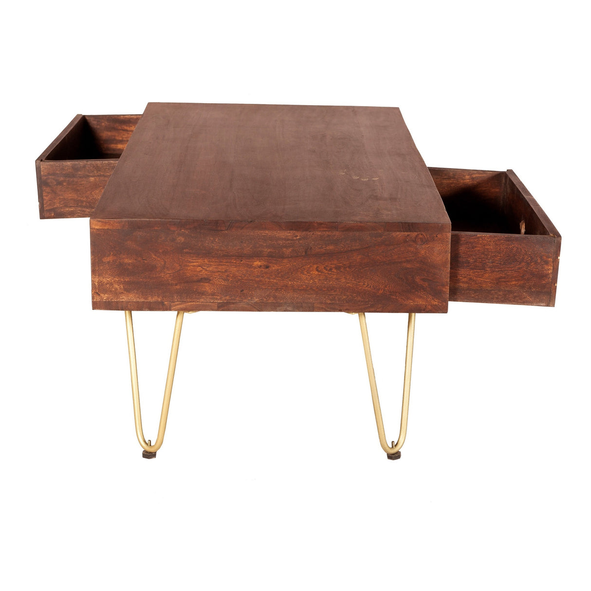 Solid Mango Wood Coffee Table With 2 Drawers - Dark Gold