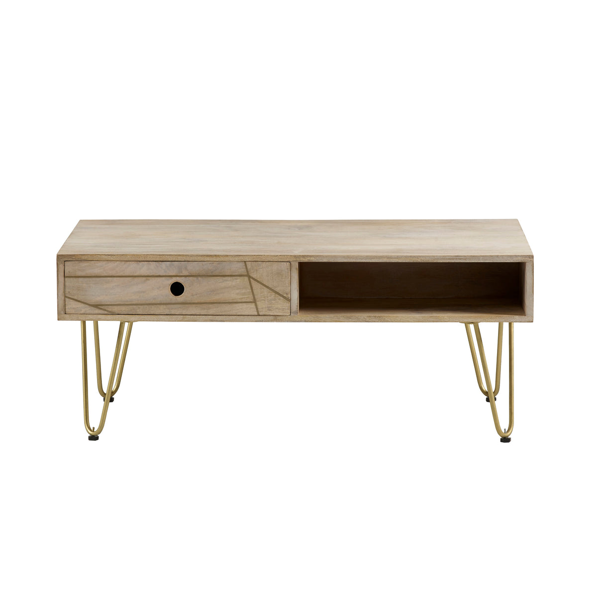 Solid Mango Wood Coffee Table With 2 Drawers - Light Gold