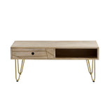 Solid Mango Wood Coffee Table With 2 Drawers - Light Gold