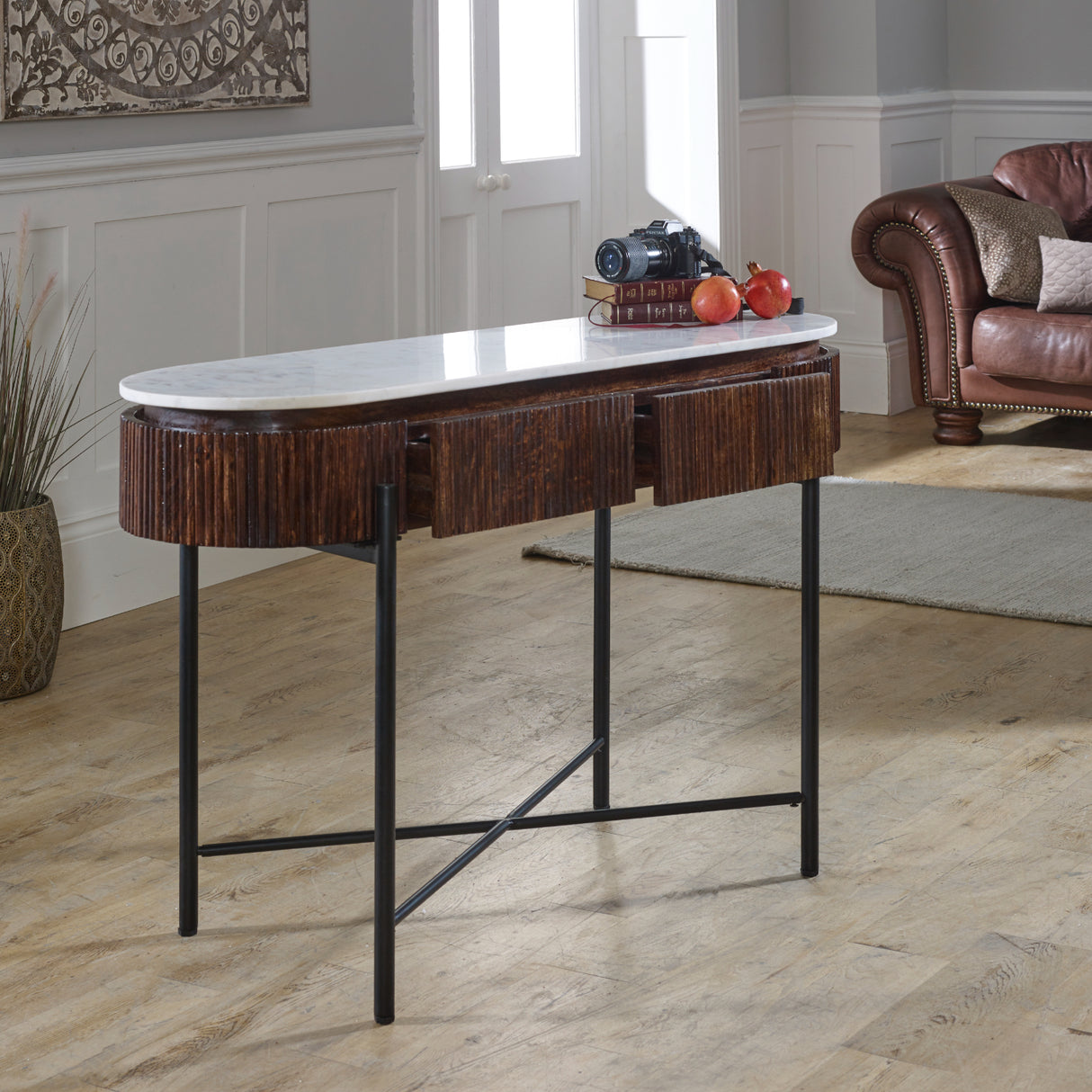Solid Mango Wood Console Table Round With White Marble Top - Opal