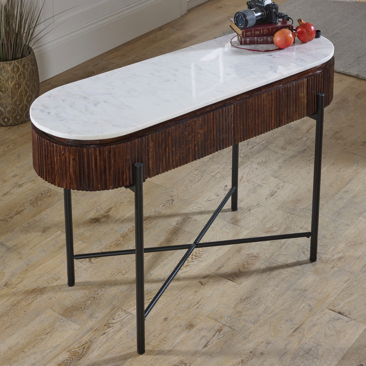 Solid Mango Wood Console Table Round With White Marble Top - Opal