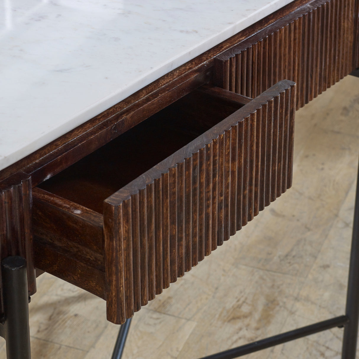 Solid Mango Wood Console Table Round With White Marble Top - Opal