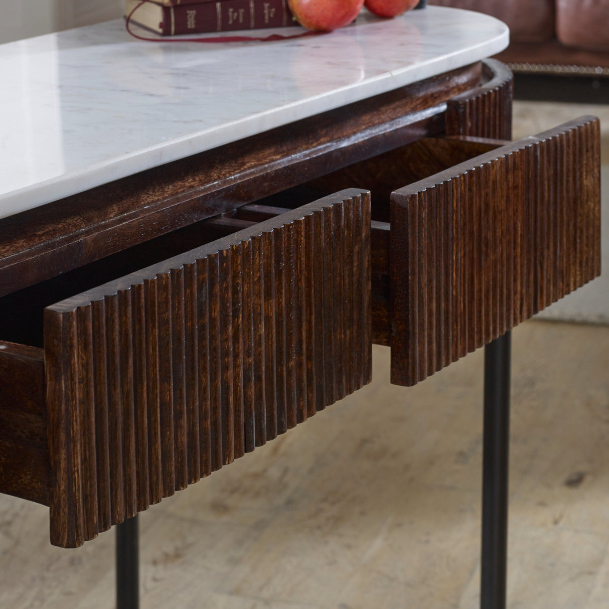 Solid Mango Wood Console Table Round With White Marble Top - Opal