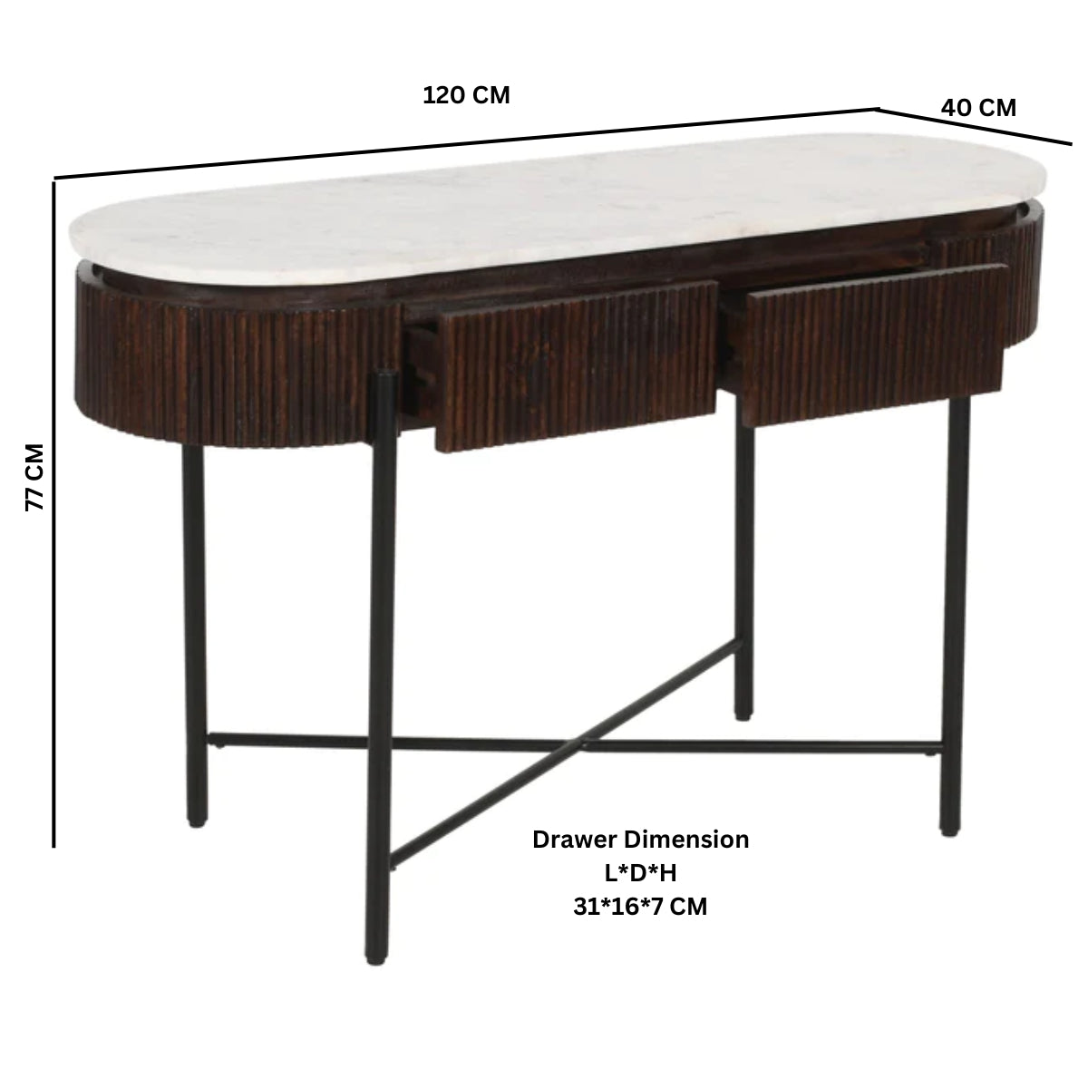 Solid Mango Wood Console Table Round With White Marble Top - Opal