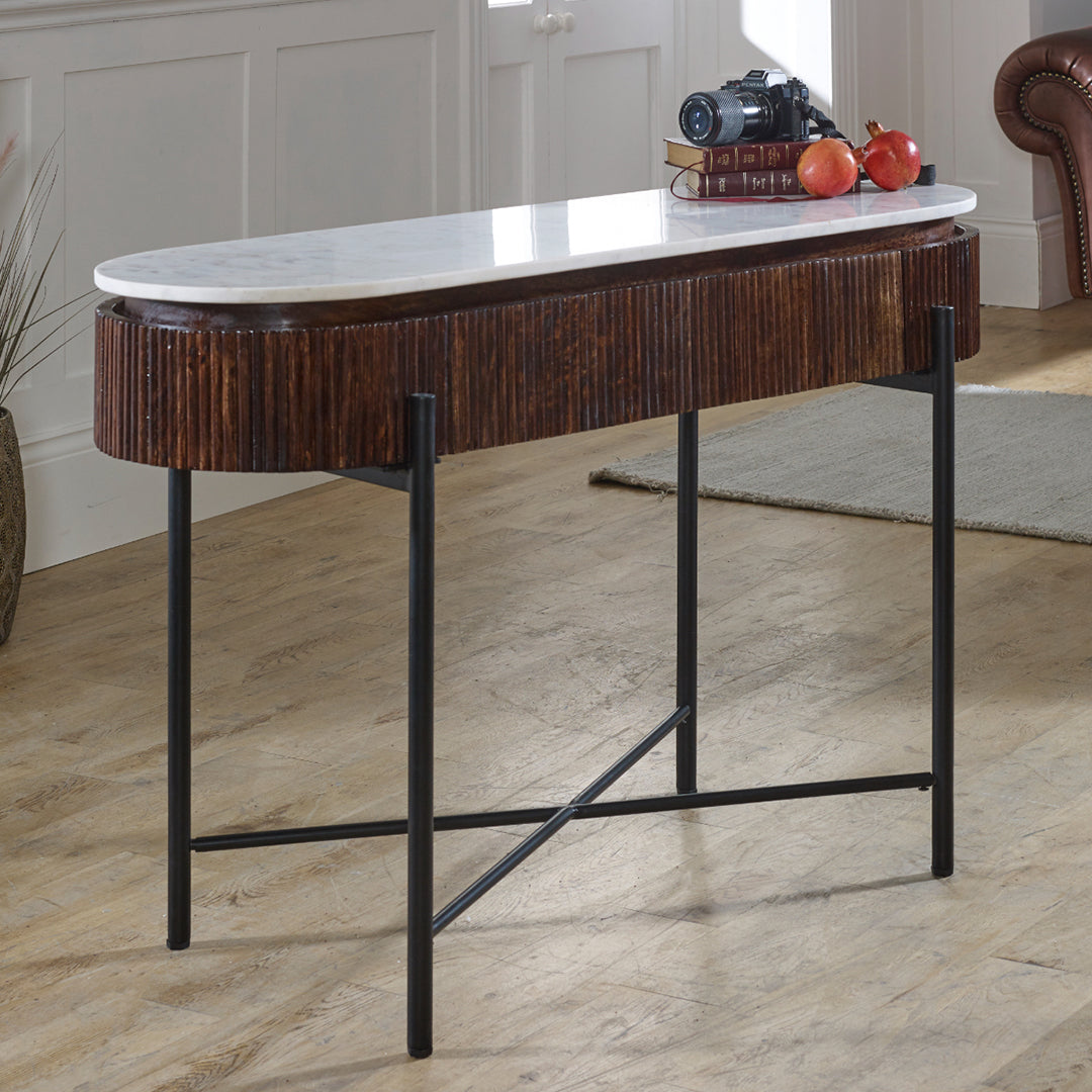 Solid Mango Wood Console Table Round With White Marble Top - Opal