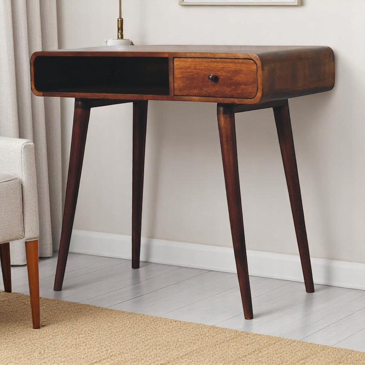 Solid Mango Wood Desk for Home Curved With 1 Drawer - Gloucester