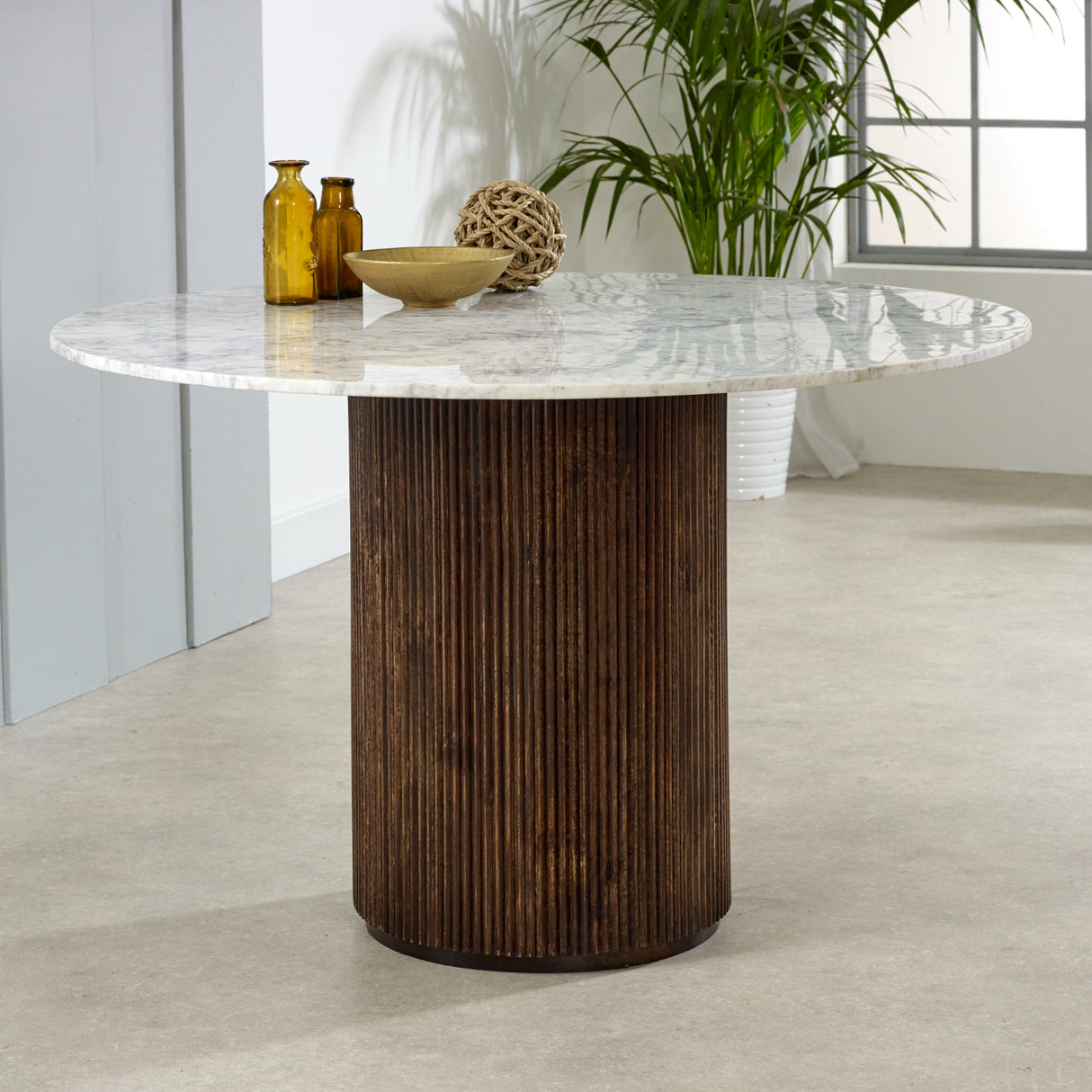 Solid Mango Wood Dining Table for 4 People Round With Marble Top - Opal