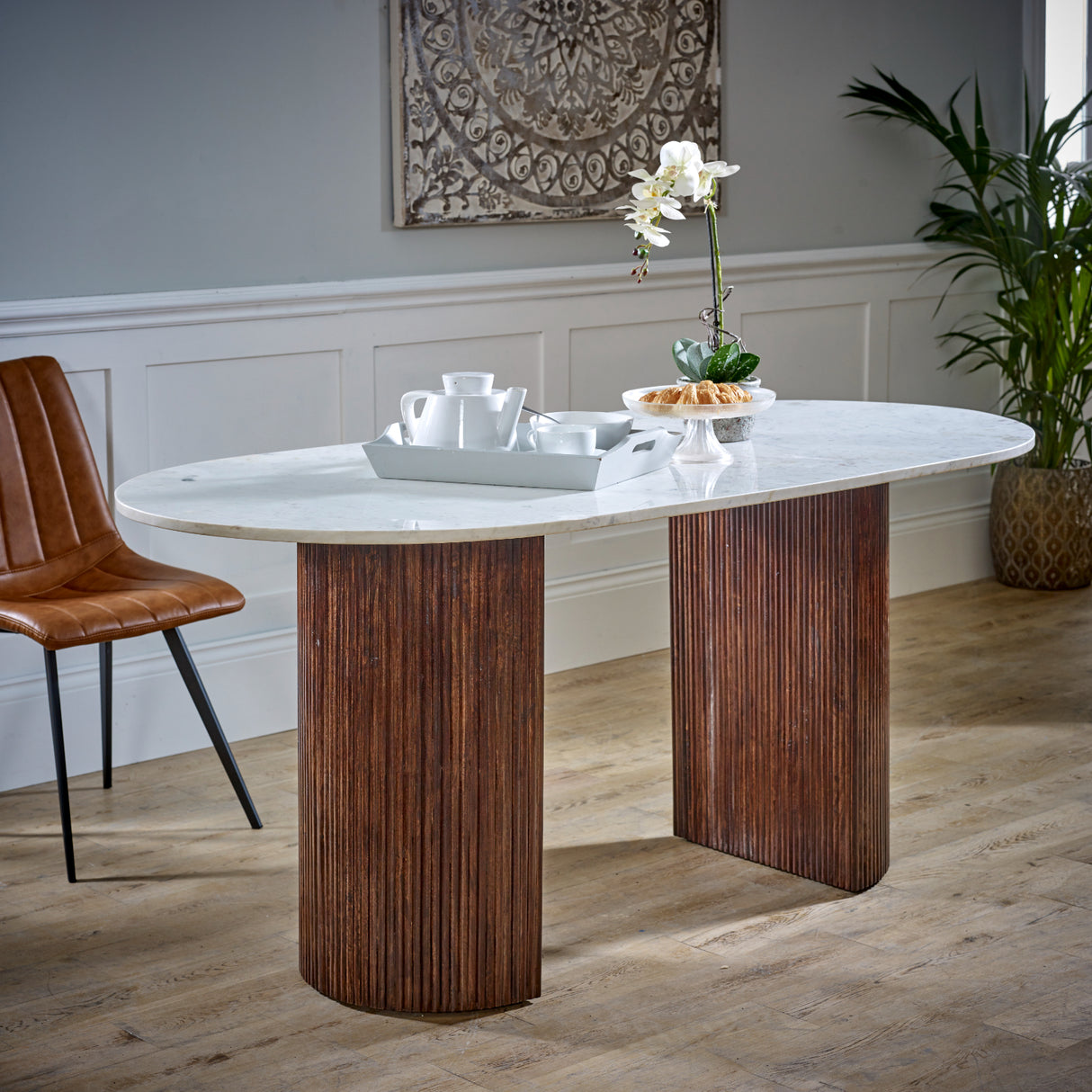 Solid Mango Wood Dining Table Oval for 4 to 6 People With Marble Top - Opal