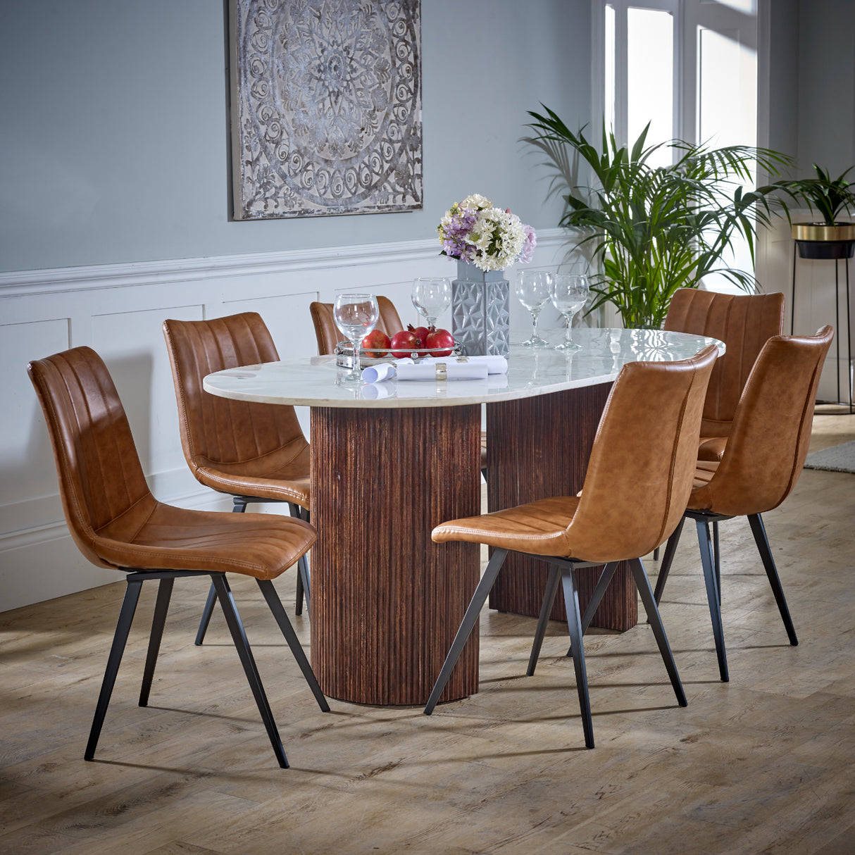 Solid Mango Wood Dining Table Oval for 4 to 6 People With Marble Top - Opal