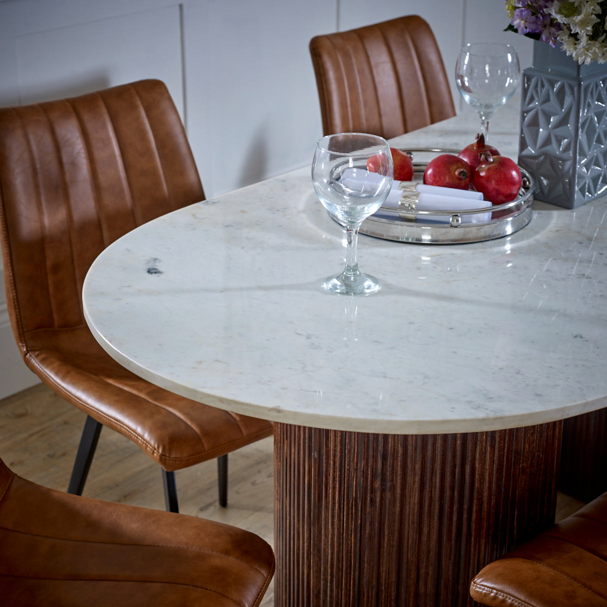 Solid Mango Wood Dining Table Oval for 4 to 6 People With Marble Top - Opal