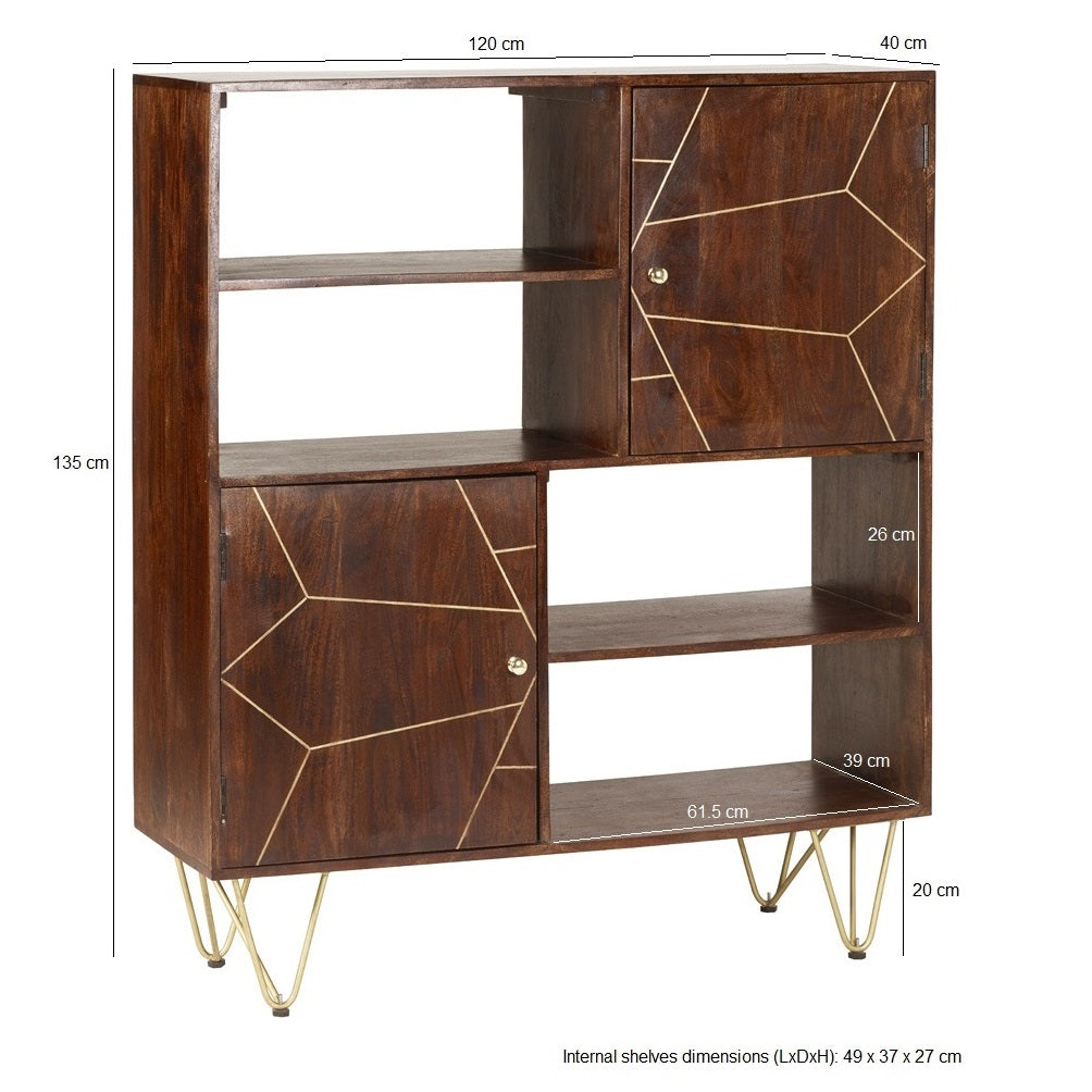 Solid Mango Wood Display Cabinet With 2 Doors And 4 Shelves - Dark Gold