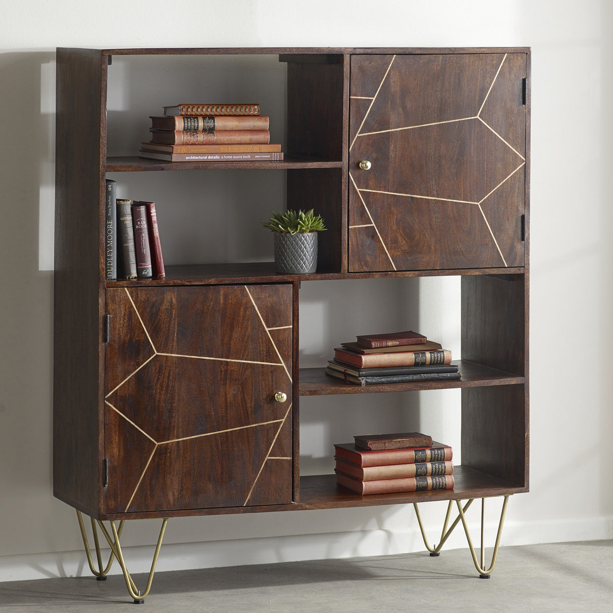 Solid Mango Wood Display Cabinet With 2 Doors And 4 Shelves - Dark Gold