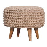 Solid Mango Wood Footstool Round With Oblong Woven Top - Keeva