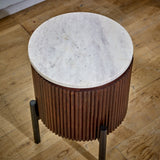 Solid Mango Wood Side Table Round With Marble Top - Opal