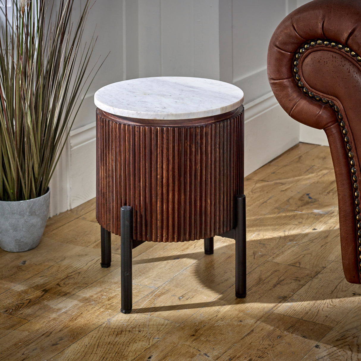 Solid Mango Wood Side Table Round With Marble Top - Opal