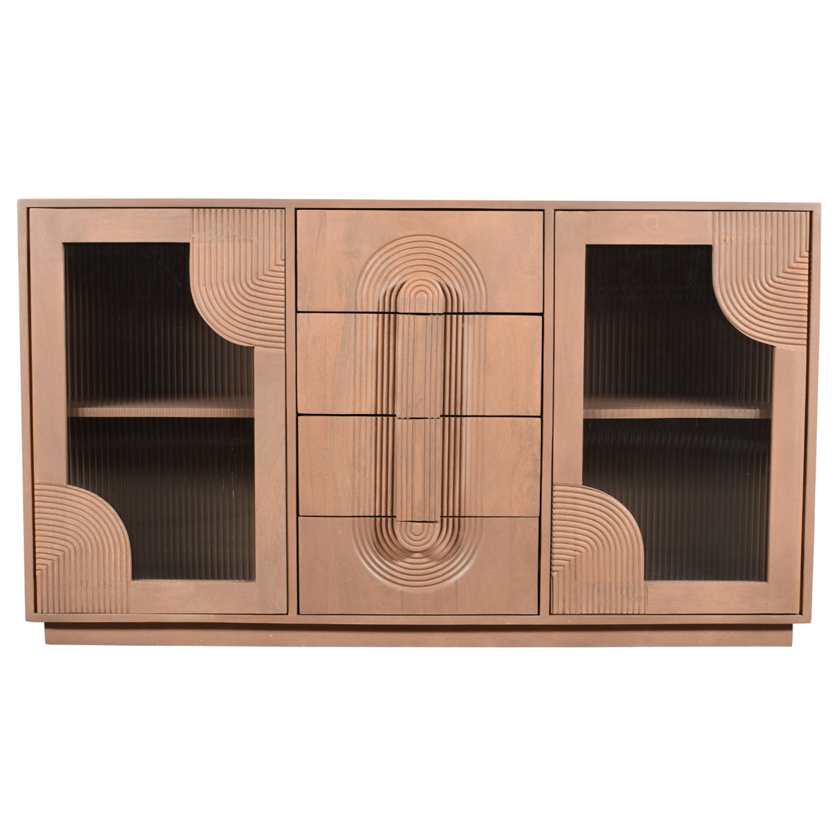 Solid Mango Wood Sideboard With 2 Fluted Glass Doors And 4 Drawers - Indus