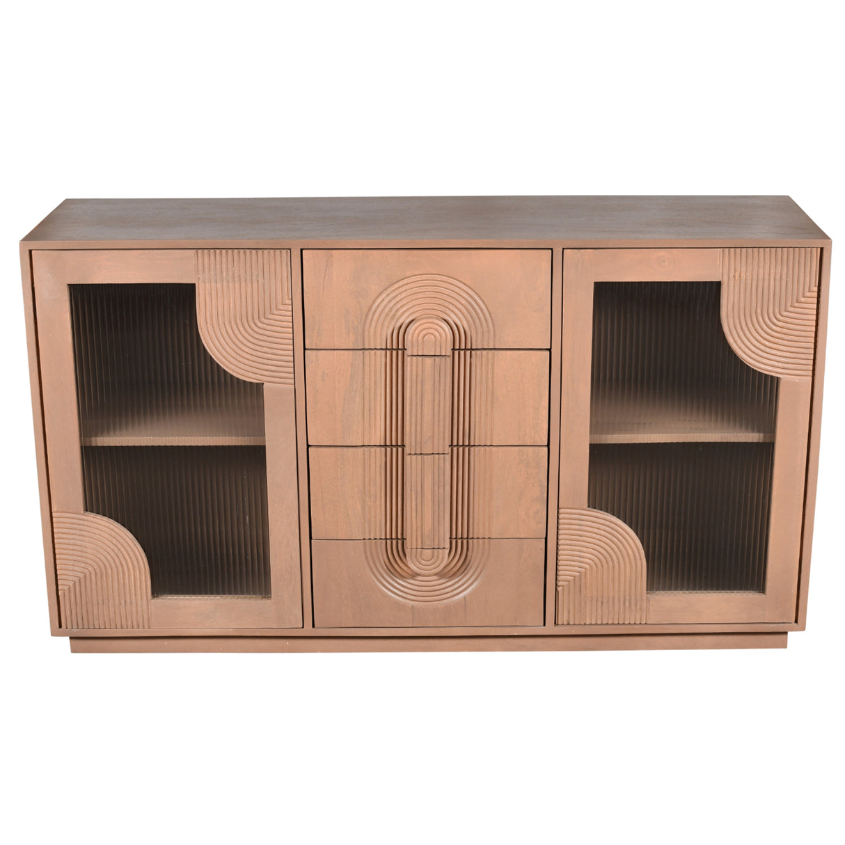 Solid Mango Wood Sideboard With 2 Fluted Glass Doors And 4 Drawers - Indus