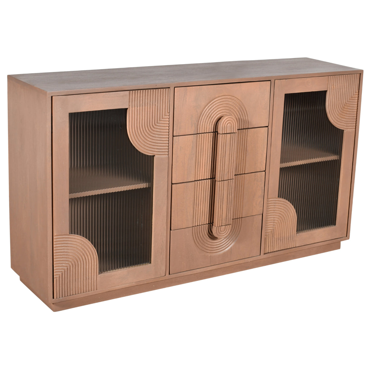 Solid Mango Wood Sideboard With 2 Fluted Glass Doors And 4 Drawers - Indus