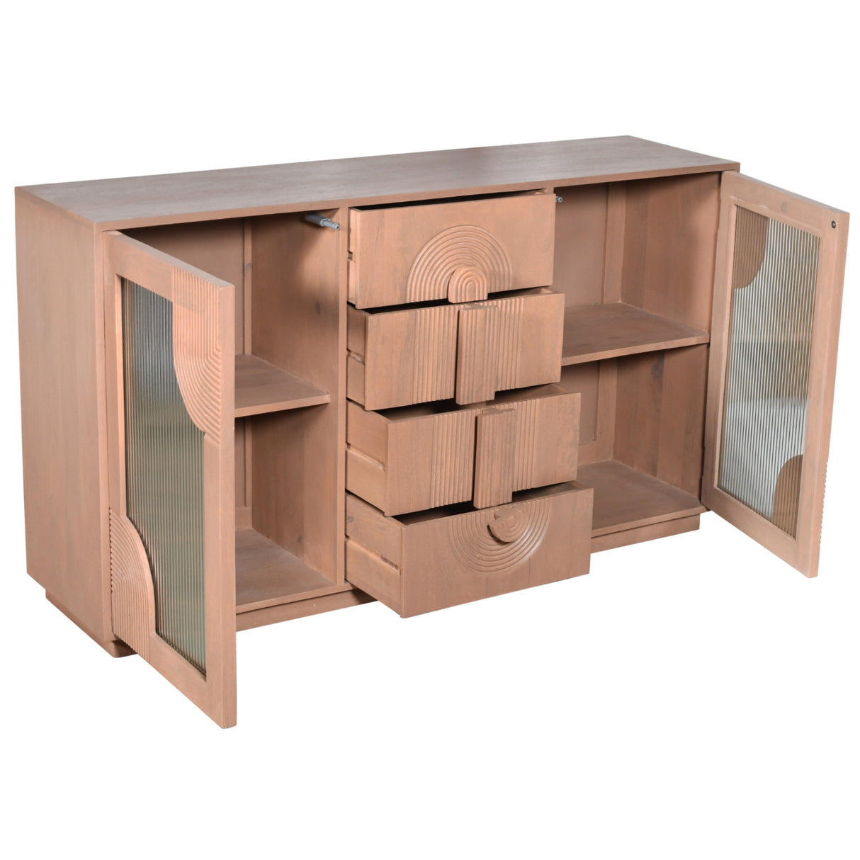 Solid Mango Wood Sideboard With 2 Fluted Glass Doors And 4 Drawers - Indus