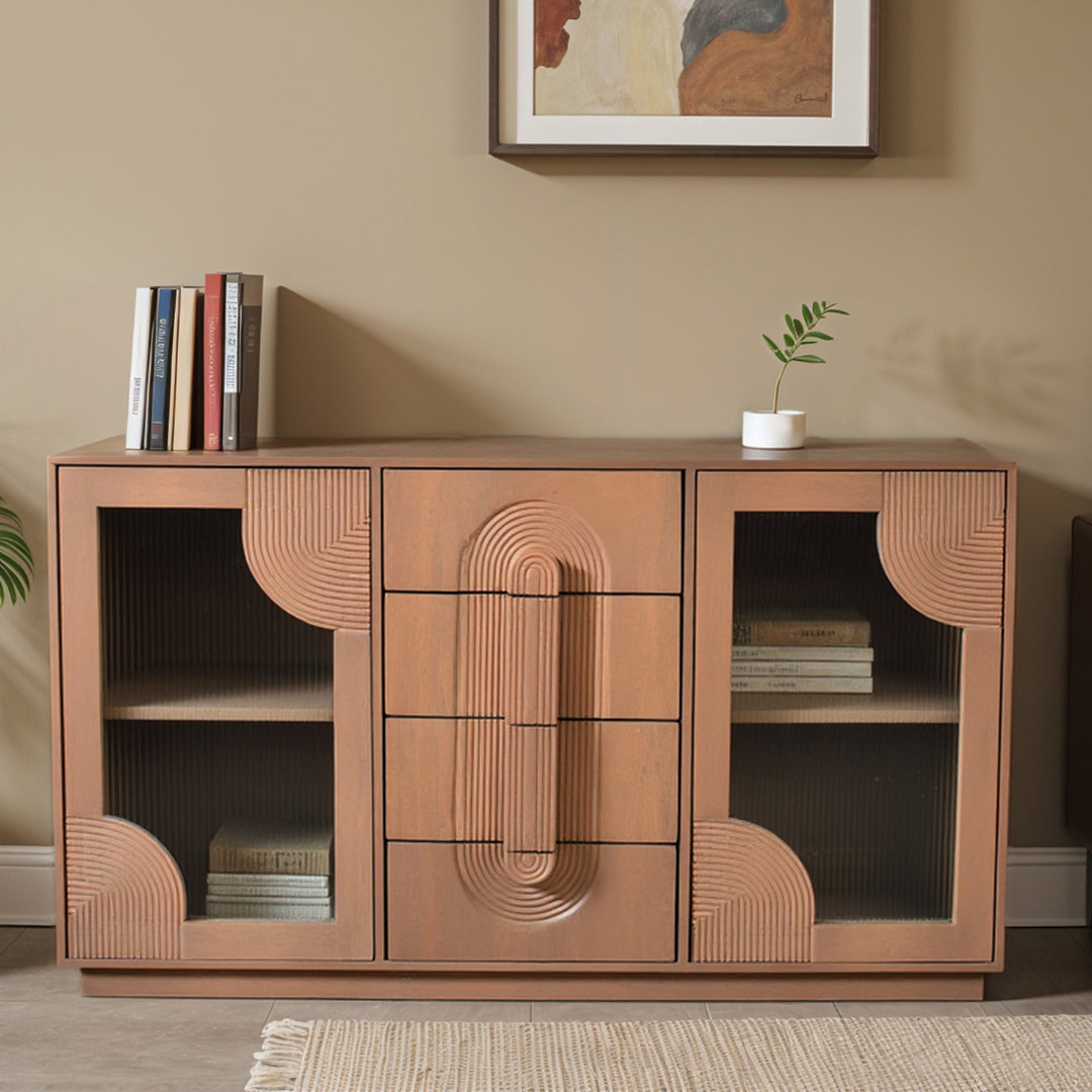 Solid Mango Wood Sideboard With 2 Fluted Glass Doors And 4 Drawers - Indus